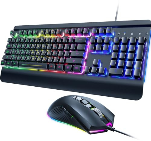 Combo de teclado y mouse para juegos con cable, panel metálico de 104 teclas, teclado de computadora arcoíris con teclas multimedia reposamuñecas y mouse retroiluminado LED para juegos de 4200 DPI