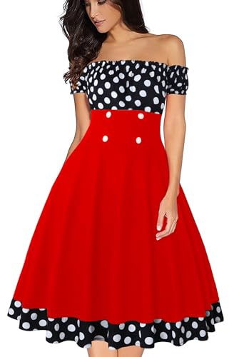 AXOE Damen Schulterfrei Kleid 50er Jahre Rockabilly A-Linie Elastischer Hals Kurzarm für Festliche Party Sommer Schwarz mit Weiß Gepunket, Gr.38, M
