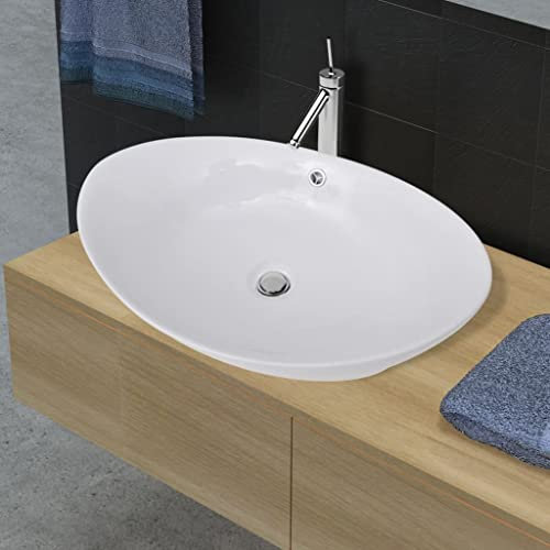 WIFESE Lavello Ovale in Ceramica di Lusso con Troppopieno Lavatoio Ceramica Lavabo Lavanderia Lavabo Da Esterno Lavabo In Ceramica Lavabo Da Bagno Lavabo Da Appoggio Lavandino Bagno 59x38,5x19 cm