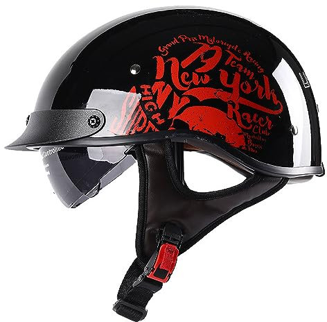 RUANLOV Mezzo Casco da Motociclista retrò Portatile Jet Casco Scodella ECE/DOT Omologato Sicurezza Estivo Mezzo Casco per Elicottero da Pilota Chopper Vintage per Moto Cruiser (B L)