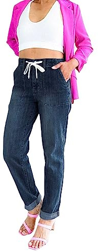 Jean coupe droite pour femme - Taille élastique - Pantalon long en denim avec cordon de serrage - Décontracté, Bleu (02)., M