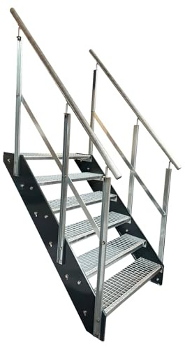 Kaminbau Mierzwa Premium Stahl Treppe mit beidseitig verzinktem Geländer/Wangen Anthrazit RAL 7016/6 Stufen verzinkt (Breite 1200 mm) (Höhe 114 cm) Wetterfest Gitterroststufe Gartentreppe