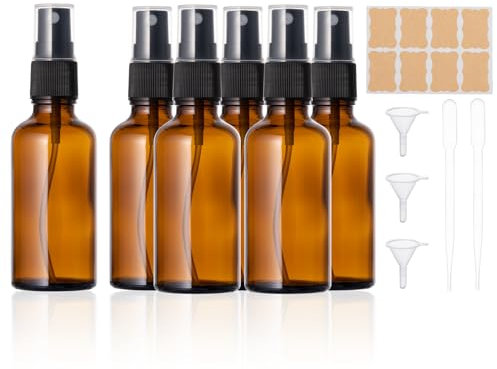 6 flaconi spray in vetro vuoto 50ml, piccoli bottiglia spray in vetro marrone da riempire con imbuto pipette ed etichette per oli essenziali, profumi