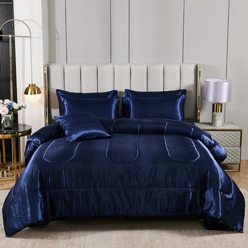 Bedding_Dreamer Satin-Bettwäsche-Set, volle Größe, 8-teiliges Bett in Einer Tasche, Marineblau mit Laken, seidig weiches Polyester-Satin-Bettwäsche-Set, leicht, 40,6 cm Tiefe Tasche, luxuriöser