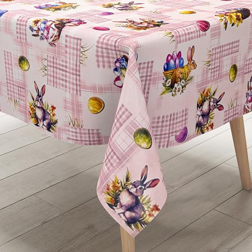 KEVKUS Wachstuch Tischdecke P1205-3 rosa Ostern Osterei Osterhase wählbar in eckig, rund und oval - Größe eckig 50x140cm mit Paspelband