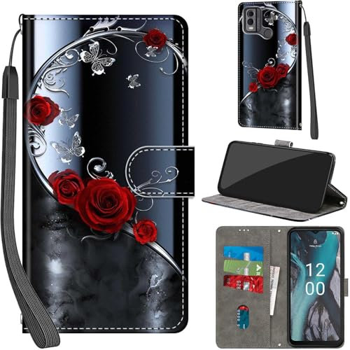 Haninsuze Handyhülle für Nokia C32 Hülle PU Leder Schutzhülle Klappbar mit Kartenfach Ständer Handytasche mit Kameraschutz Flip Case Klapphülle für Nokia C32, silberner Schmetterling