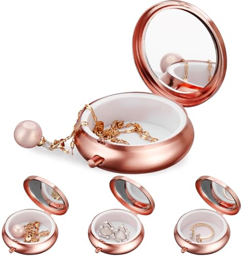 Aphlos Mini Travel Jewelry Box with Built-In Mirror, Ultra-Portable Jewelry Holder for Rings, Necklaces, Earrings, Pills, Tea Bags, Small Accessories, Press-to-Open Multifunctional Storage (Pink)