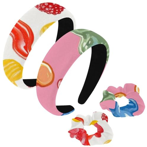 etoenbrc 2 Pack Polyester Wide Headbands and Scrunchie for Women, Gummy Bear Print Headbands Hair Band Fashion Non-Slip Hair Hoop for Girls Women Hair Accessories