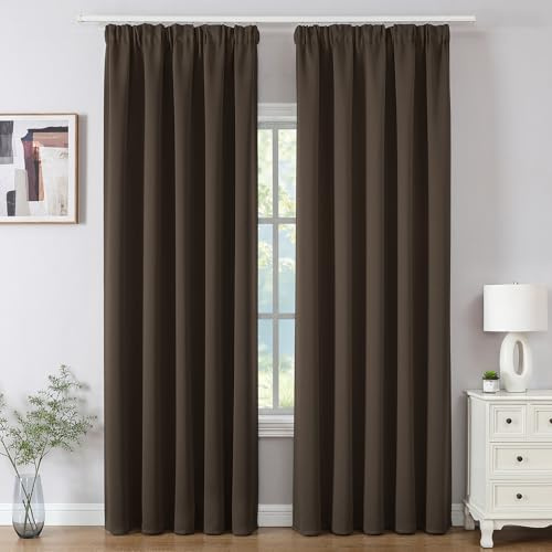 Joydeco Gardinen mit Kräuselband Blickdicht Vorhänge Schienensystem Verdunkelungsvorhang mit Haken Thermovorhang Kälteschutz Schlafzimmer Wohnzimmer 2er Set 245x140cm Braun
