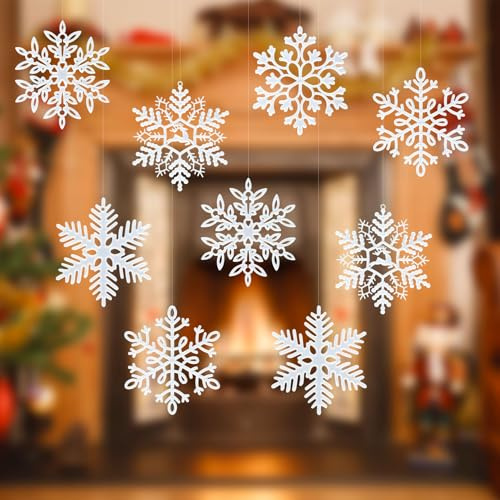 20 Stück Schneeflocken Weihnachtsbaum Deko - Christbaumschmuck Anhänger, Hängend in Weiß mit 8m Seil für Weihnachten Party Baum Deko
