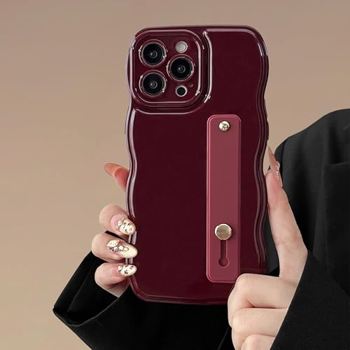 FABSPARK Wavy Case for iPhone 15 Pro Max with Wrist Strap Holder,Wine Red | Flexible Adjustable Soft Finger Hand Holder Kickstand | Wave Design Silicone Aesthetic for iPhone 15 Pro Max Case,Wine Red