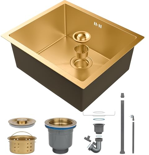 HZKSINNK Diskbänk, Golden Bar Single Bowl Diskho, Rostfritt Stål Fyrkantig Guld Nano/Prep Diskbänk Med Avloppssats, Lätt Att Rengöra, Drop-In Undermount/Topmount