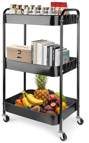 Viuxule Storage Cart, 3 Tier Metal Trolley Cart with Wheels, Black Rolling Utility Cart for Kitchen, Bathroom, Office, Bedroom, Veg Rack and Multi-Purpose Organizer for Snack, Makeup, Book, Diaper