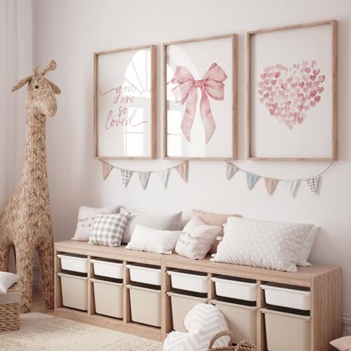 champracer Lot de 3 posters roses - Motif esthétique de cœur et nœud - Toile - Décoration murale pour chambre de fille - Sans cadre (30 x 40 cm, B)