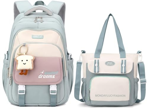 Amythe Schulrucksack Mädchen Set, Schulranzen für Mädchen der 3. bis 7. Klasse, 36L Schultasche Mädchen mit Umhängetasche, Lässiger Rucksack Teenager Daypack mit Anhängern, Grün