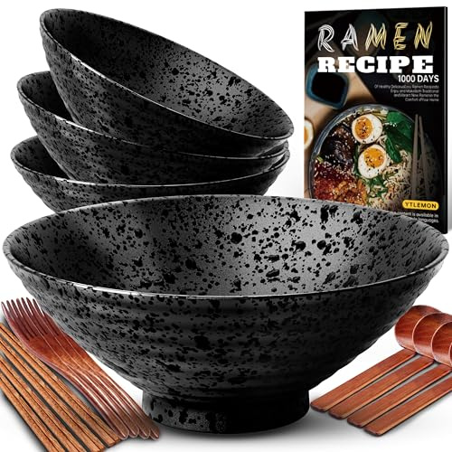 8 Zoll Keramik Ramen Schüssel 4 Set(17-Teilig) - Japanisches Porzellan Geschirr mit Gabel Essstäbchen Löffel und Rezepte Spülmaschinenfest für Nudeln Suppen Getreide Salate Geschenke für neuen Häusern