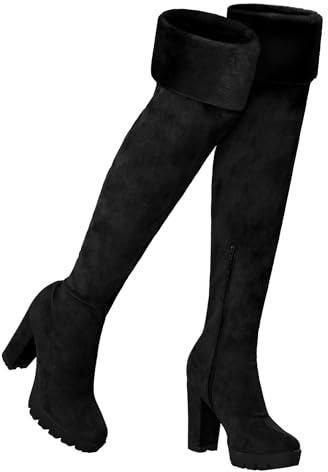 Allegra K Thigh High Boots for Women Chunky Heel Platform Faux Fur Black Over Knee Boots 7 M US