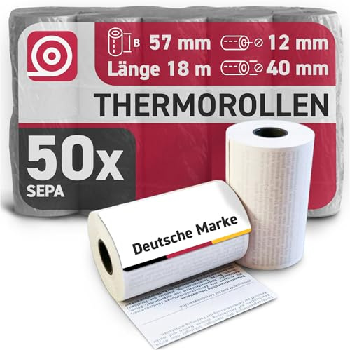 GEBONGT24 Thermorollen 57 mm x 18m x 12 mm mit 55g/m² -– SEPA-Lastschrifttext auf der Rückseite – 50 Kassenrollen mit ⌀ 40 mm – für EC-Cash & Kassenbondrucker