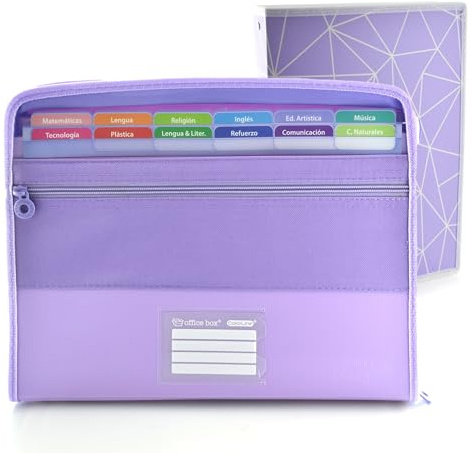 Office Box - Pack Vuelta al Cole: Carpeta Clasificadora VISION 12 Divisiones y estuche frontal + 80 Adhesivos Cierre de Cremallera + Carpeta 4 Anillas 40 mm -Colorline (Morado + Carpeta Anillas)