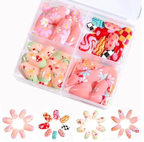 96 Pezzi Unghie Finte per Bambini, Premere Unghie Finte Acriliche, Unghie Finte Regalo per Ragazze, per Donna e Ragazze Adolescenti, B, Non Appiccicoso, Senza Colla