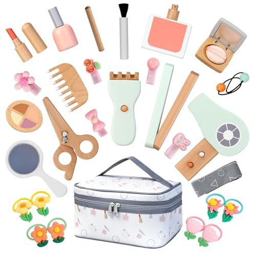Set Maquillaje de Madera Niña,Juguetes de Belleza de Madera,Juguete de Maderas Juego de rol,Kit de Maquillaje Feating con Bolsa Comestic Accesorios Regalo Cumpleaños para Niños 3 4 5 6 Años