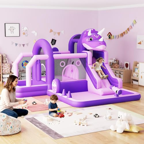 Garvee Bounce House, Inflatable Dinosaur Bouncer with Slide and Air Blower, Oxford Cloth Jumping Castle for Kids, Durable Sewn Bouncy House with Large Play Area for Backyard, Indoor & Outdoor, Purple