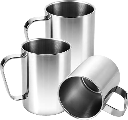MUXHEL 3 vasos de acero inoxidable de 500 ml, vasos de acero inoxidable, vasos de doble pared de acero inoxidable 304 con asa, tazas de café de metal para café, té, leche y zumo, plata, embalaje de