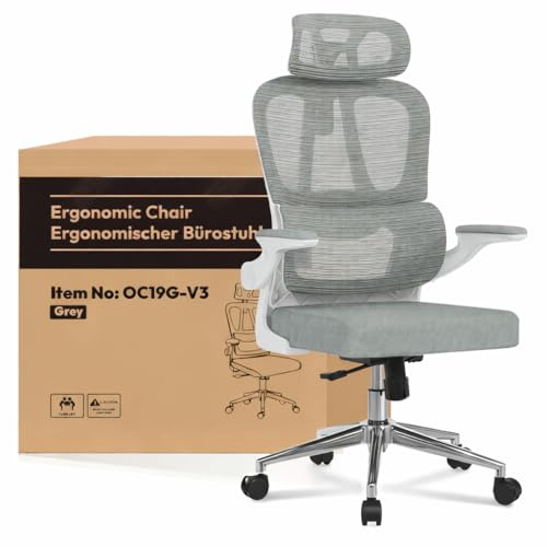 FLEXISPOT Ergonomischer Bürostuhl, Schreibtischstuhl mit 2D-Kopfstütze, Klappbare Armlehnen & Dynamische Lendenstütze, Stuhl mit 120° Wippfunktion für Homeoffice, Arbeitszimmer, Büro (Weiß)