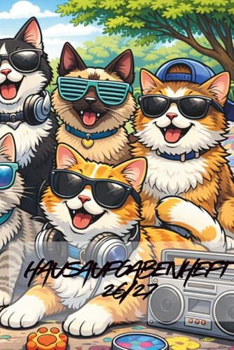 Hausaufgabenheft 2026/2027 für Kinder Cooles Katzen-Design mit Sonnenbrillen: Lustiges Hausaufgabenbuch mit coolen Katzen, Skateboard & Musik | ... Notenlisten & To-Do-Seiten | Schuljahr 26/27