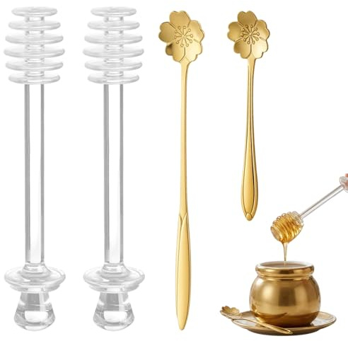 Palo para Miel & Cucharas de Miel, 2 Piezas Palo para Miel Transparente & 2 Piezas Cuchara de Miel Inoxidable con Flor de Cerezo Dorada, para Bote de Miel 500g, Mermelada, Regalos de Boda y Bautizo