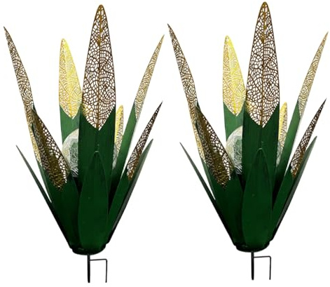 Bemonew Plantes d'agave en métal Lot de 2 Lampes solaires de Jardin avec découpes Originales éclairage LED Vert pour terrasse pelouse et Jardin.