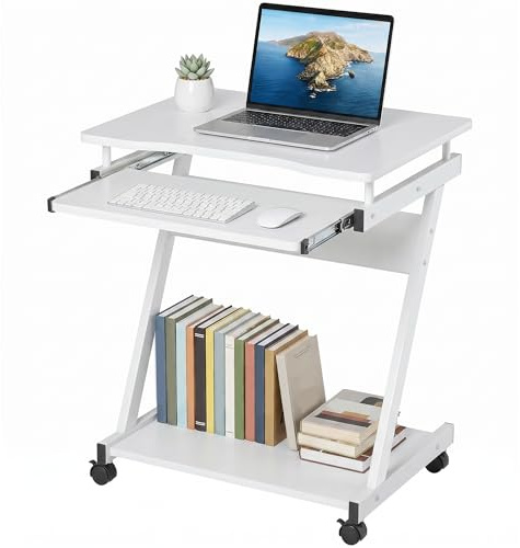 HOMCOM Mesa de Ordenador con Ruedas Estante Inferior 60x48 cm Blanco | Escritorio de Ordenador Moderno, Bandeja Deslizante para Teclado, Marco Metálico en Forma de Z, para Oficina, Estudio