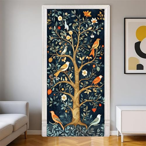 Türaufkleber selbstklebend 88 x 200 cm Grüne Blätter und Vögel Türtapete Brown Türposter PVC Vinyl für Küche Wohnzimmer Schlafzimmer Bad Wanddeko