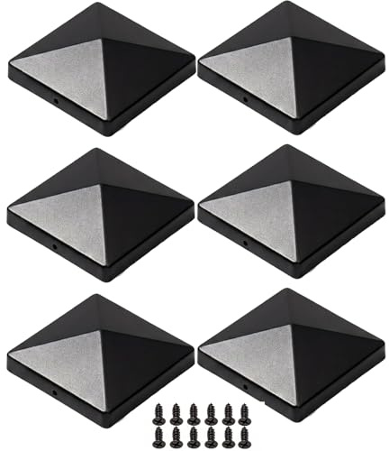 6 Pcs 4x4 Inch Post Caps Black, Sloped Post Caps with Screws, Fence Post Caps, Rustproof Outdoor Post Top Covers, Fence Post Toppers for Garden Pillars, Railings and Wooden Posts
