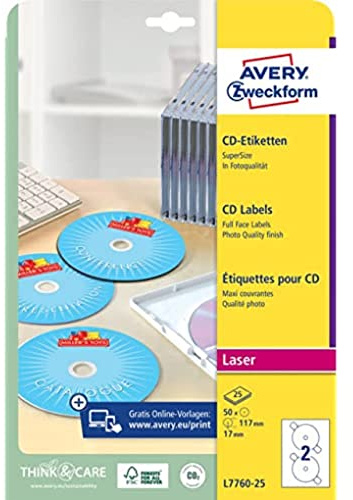 AVERY Zweckform L7760-25 selbstklebende CD-Etiketten (50 blickdichte CD-Aufkleber, Ø 117mm auf A4, SuperSize, Papier hochglänzend, bedruckbare Klebeetiketten für alle Laser-Drucker) 25 Blatt, weiß