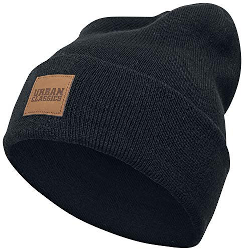 Urban Classics Unisex Strickmütze Leatherpatch Long Beanie Schwarz (Black 7), One Size (Herstellergröße: One Size)