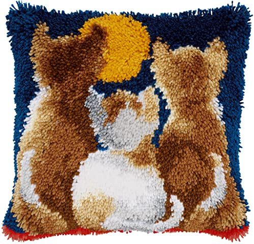 Vervaco Kit Point Noué Á Faire Coussin Broderie Debutant DIY CHATS DANS LA NUIT Latch Hook Kit Complet Decoration Maison Manuelle Loisir Créatif ca. 40 x 40 cm Embroidery