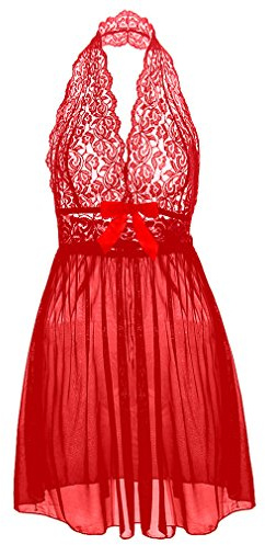 Boowhol Damen Reizwäsche Spitzenkleid Nachthemd Negligee Sexy Transparent Dessous-Sets Kleid Spitze Reizvoll Neckholder Babydolls mit Panties,Übergröße- größe L-5XL (2XL, Rot)