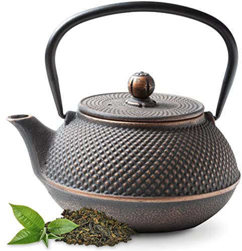 Tealøv Arare THEIERE EN FONTE 1,1 LITRE | Théière Fonte avec Infuseur | Entièrement émaillée de l'intérieur | Prépare Une Tasse de Thé Parfaite | Design Authentique à Picots | Arare Noir/Cuivre