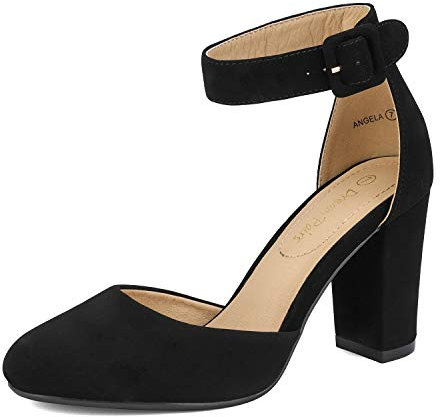 DREAM PAIRS Zapatos de Tacón Acho Cómodos Clásicos de Punta Redonda Zapatos de Salón Alto con Tira de Tobillo Bodas y Fiestas Negro/Nobuck Angela Talla 40EU/8.5US