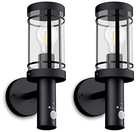 SSC-LUXon 2 Stück LED Wandleuchte MOVI - Laterne mit Bewegungsmelder für Außen IP44 in schwarz inkl. LED E27 6W warmweiß