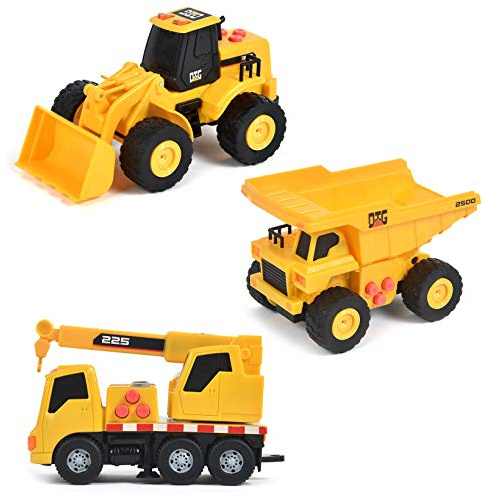 Sunny Days Entertainment Mini Construction Vehicles 3 Pack – Lights and Sounds Pull Back Toy Vehicle | Includes Dump Truck Front End Loader and Crane Truck – Maxx Action