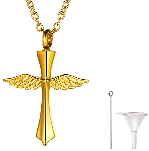 Richsteel Personalizable Cruz Ala de Ángela Guardapelo chapado en Oro Colgante para cenizas Relicario Perfume Urna Cremación Amor Recuerdo cerca de Corazón, Cadena dorada base Acero inoxidable