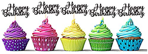 Sumerk 24PCS Happy Birthday Cupcake Toppers Glitter Black Birthday Cake Picks Party Supplies