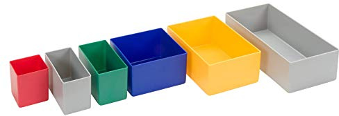 1a-TopStore 25 Stück Einsatzkasten Serie E63, Farben und Größen sortiert, 5 Farben u. 4 Größen, aus Polystyrol, Industrienorm, für Schubladen, Sortimentskästen etc. (Farb- u. Größenmix Set)