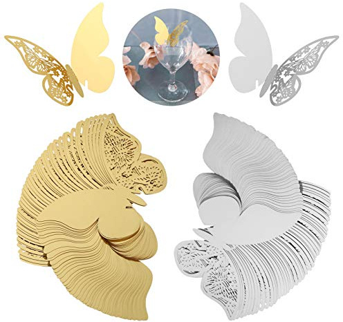 Kesote 100x Tischkarten Schmetterling Hochzeit Nameskarten Glasanhänger Platzkarten Taufe Kommunion Tischdeko (Gold und Silber)