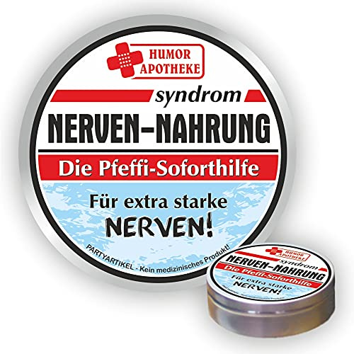 Pfefferminz Bonbon Metalldose - Nervennahrung, Für extra starke Nerven - Soforthilfe | Humorapotheke Spaßmedizin Humormedizin | Pfefferminzdragees | Dose Blechdose Pillendose