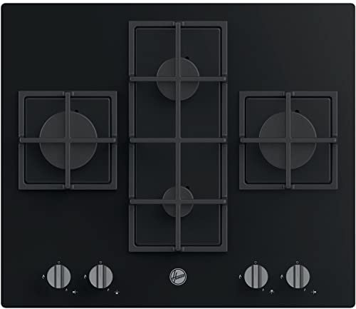 Hoover HVG6DK3B 60 cm Gas Hob, 4 burners, Front control, Cast Iron Pan Supports, Black Glass