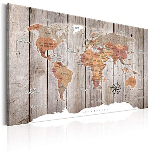 decomonkey Akustikbild Weltkarte 90x60 cm XXL 1 Teilig Leinwand Modern Bilder Wandbilder XXL Schallschlucker Schallschutz Akustikdämmung Wandbild Deko Leise Holz Welt Karte Landkarte Kontinente