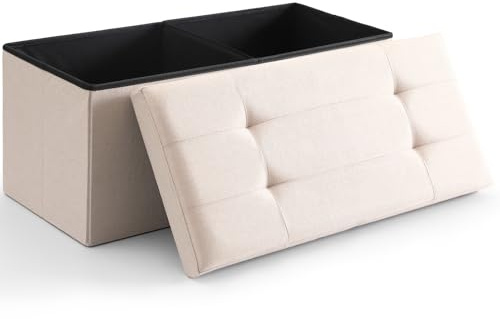 CUYOCA Storage Ottoman Bench Foldable Seat Footrest End of Bed Ottoman with Flipping Lid for Living Room, 75L, 30 inches Linen Fabric Beige